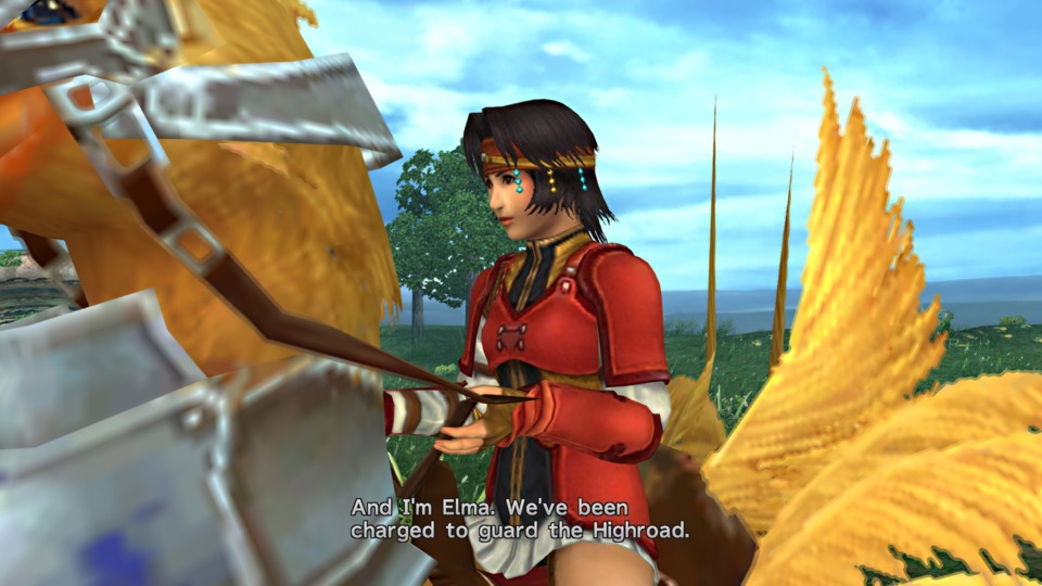 Quick question Elma, why are you riding a Chocobo in a dress? You are asking for a cruising for a bruising. 