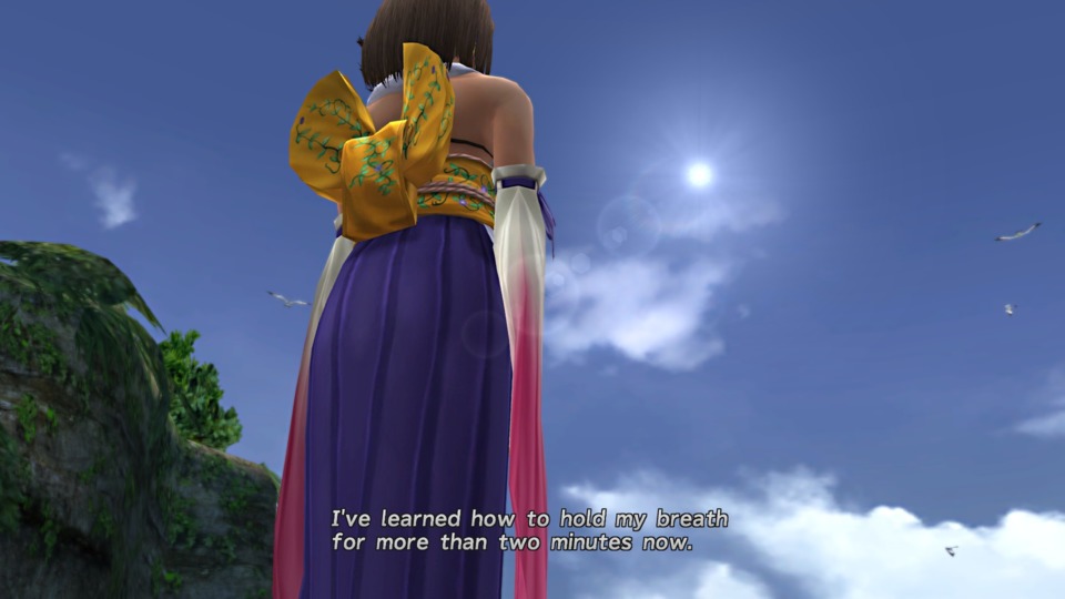 I'm not joking, this fucking thing spends FIVE WHOLE MINUTES on Yuna talking about holding her breath!