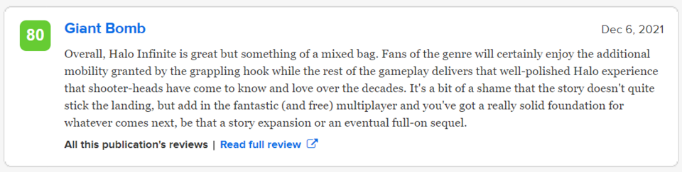 Metacritic using the final paragraph of Jeff's Halo Infinite review out of context is the funniest shit you will see all week.