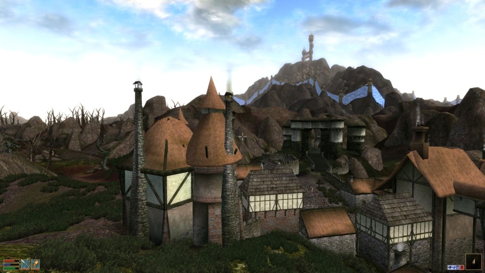 North of Balmora (in Caldera) showing the Ghostfence and tower at the very heart of Morrowind's island.