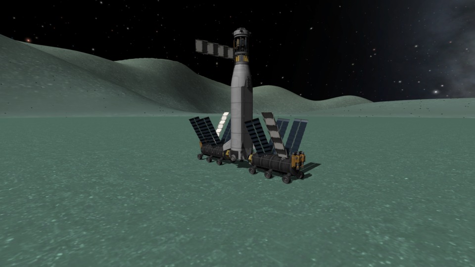 Finally, the complete unit is assembled on a deposit and ferry shuttles can drop down to grab fuel payloads which they push up into orbit for ships passing by.