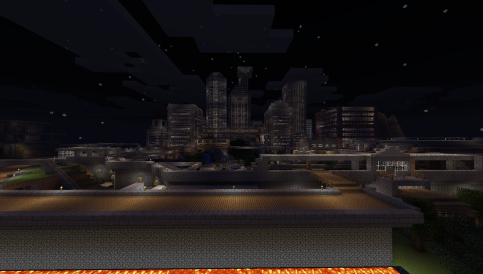 The city at night, the lava surrounds sort of a huge castle barricade, and inside is the city, visible here, and also under the city is a web of underwater mansions.