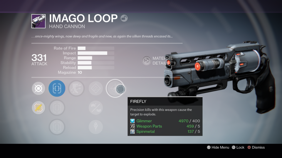 Imago Loop Hand Cannon with the Firefly & Outlaw perk from Destiny 1