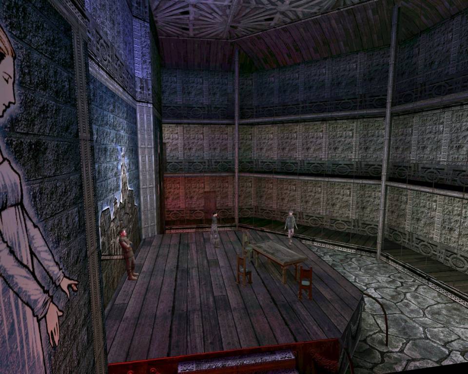 The game opens with you in this hall, with those three characters talking about stuff, including bound hands.
