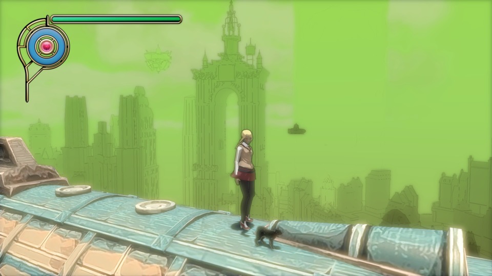 Kat and her cat standing on an airship. I love the hand-drawn look of the buildings in the distance.