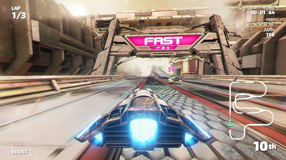 It looks like Wipeout but plays more like F-Zero. If you look up the track you can see some N64 style fog-in, but the draw distance is decent and at high speeds it's hard to notice.