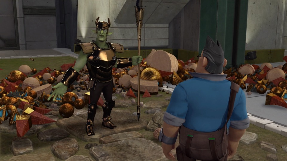 Looking for big relics is a large part of Knack's plot. Nobody notices that Knack himself increases the size of the relics within him. Oh, yes, Knack appears to be dead in this scene. Knack appears to actually die several times in cut scenes in the game. Kids game. I guarantee there were lots of tears from younger players.