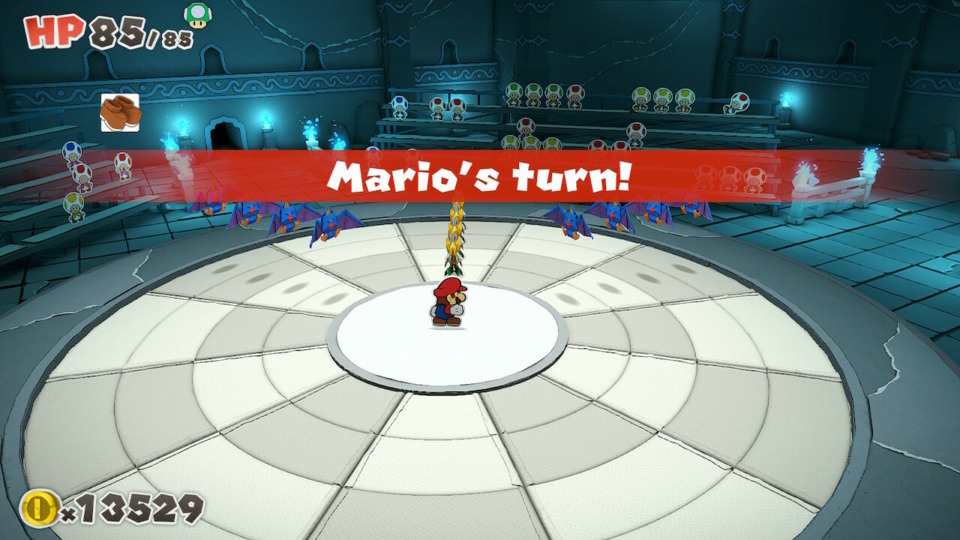 Combat involves moving enemies into formations of 4, which boosts Mario's attack power and lets him hit more bad guys at once. The toads in the stands here will help you out in exchange for coins during combat, and can even give you healing items and other boosts. It's not meant to be difficult.