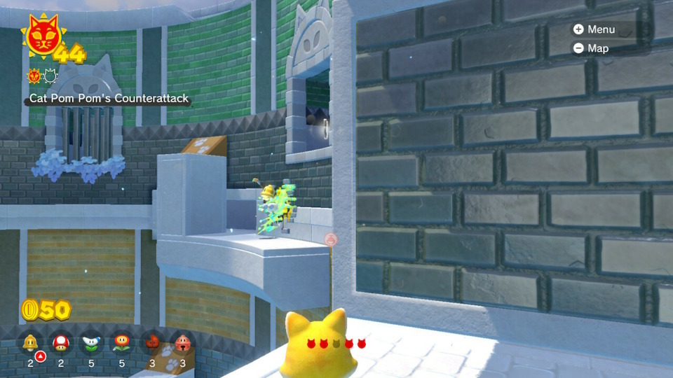 Bowser Jr. can go off and paint areas of the walls, resulting in powerups for Mario. As you can see you can have an inventory of up to 30 total items, all of which can be accessed at the touch of a button, meaning that Mario has a larger toolset at any one time than he ever has before.