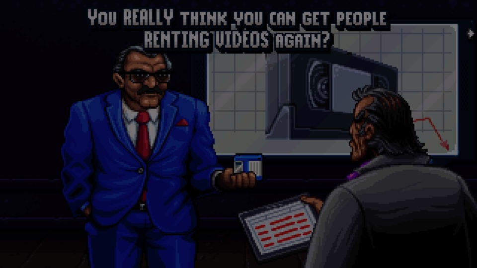 The game takes place in a modern setting but with a lot of nods to the 80s and it's kind of fun. Note that one character is holding a 3.5 inch disc while the other holds a tablet and there's a big flatscreen showing a picture of a VHS cassette. These kinds of juxtapositions exist throughout the story.