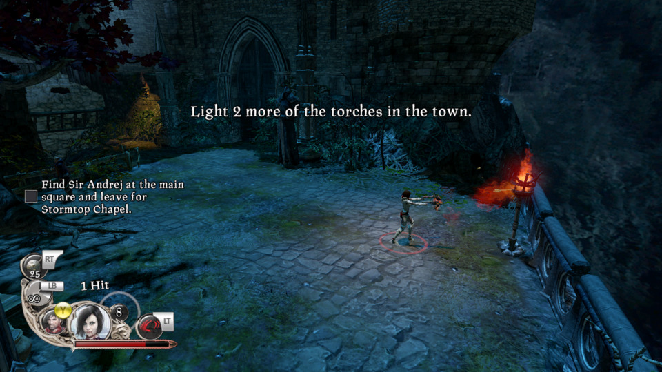 The premise of this side quest (one of two in the game) is that these torches are so far away from the town that only a great archer could light them using flaming arrows. All of the torches are positioned so you could literally walk up to them with matches. It's this kind of complete lack of interest in any kind of continuity or attention to detail that keeps the game amusing even when you're not seeing the absolutely moronic story. 