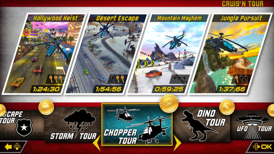 You get circuits and individual races and some collectables to unlock vehicles and that's it. 