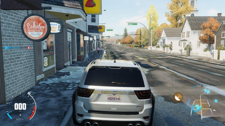 Parking your car is always a risk when you're always online. Note the cute little signs and details in this game. It's a well-realized world. 