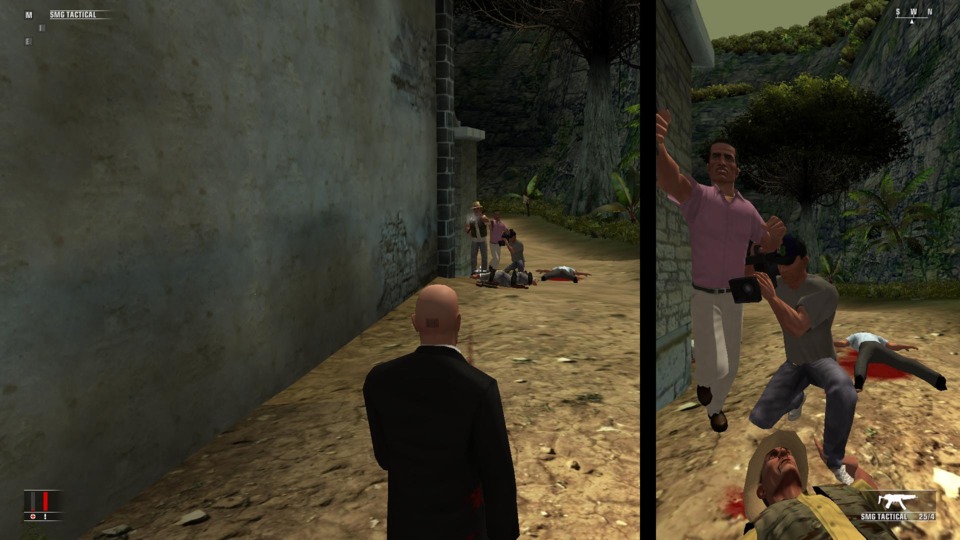 The game uses split screen like this in some interesting ways when people find bodies, or other things.