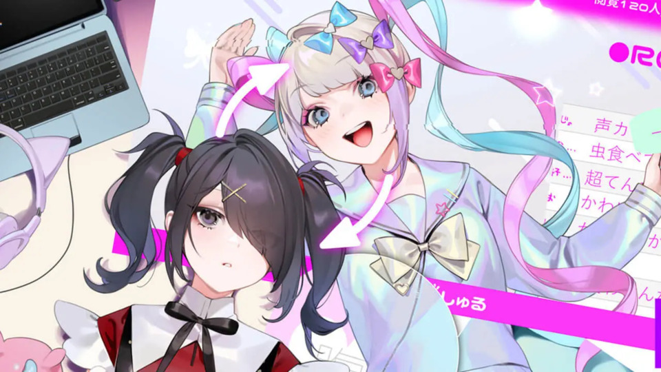 Image of the main character “Ame”, and her streamer identity “Kangel” together.