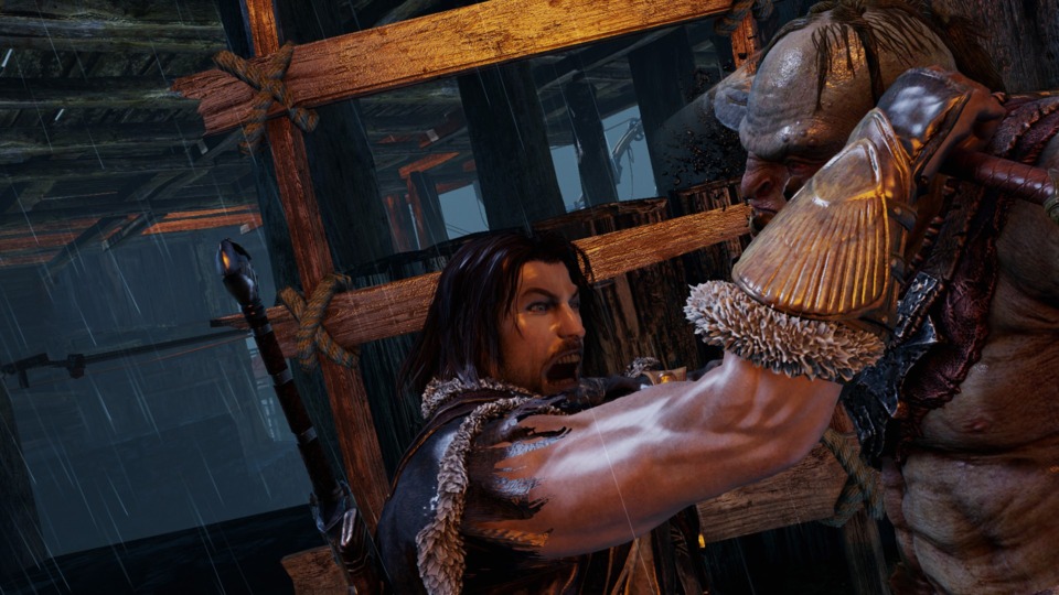 Talion is really mad about stabbing this orc in the head.