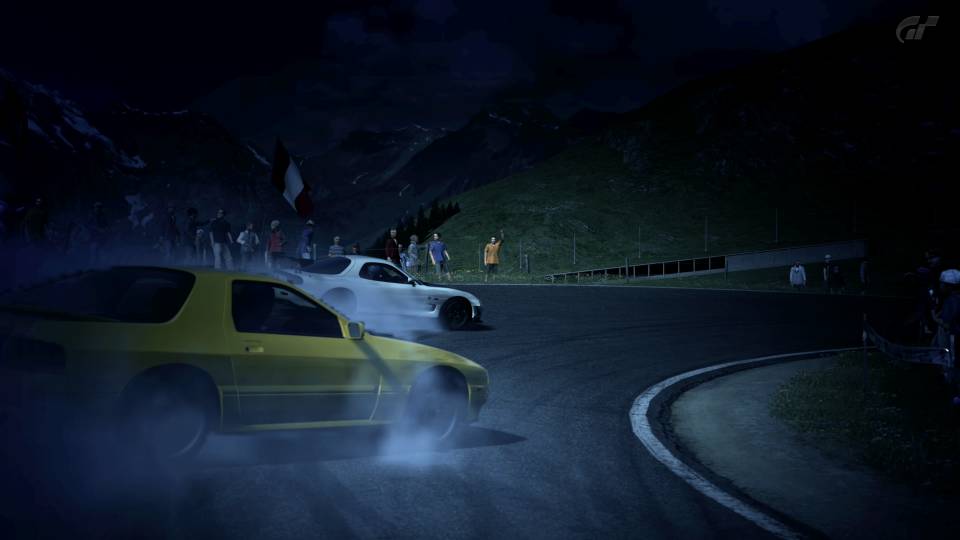 2 generations of Mazda Rx-7's tandem drifting around Eiger Nordwand