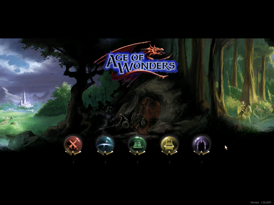 So now Age of Wonders begins in earnest. Among the symbols down there you have the one-off campaigns, the much longer story modes, a handy tutorial I took the liberty of playing through so I at least have some idea what I'm talking about and the usual load game/exit game. Yo, it's a title screen.