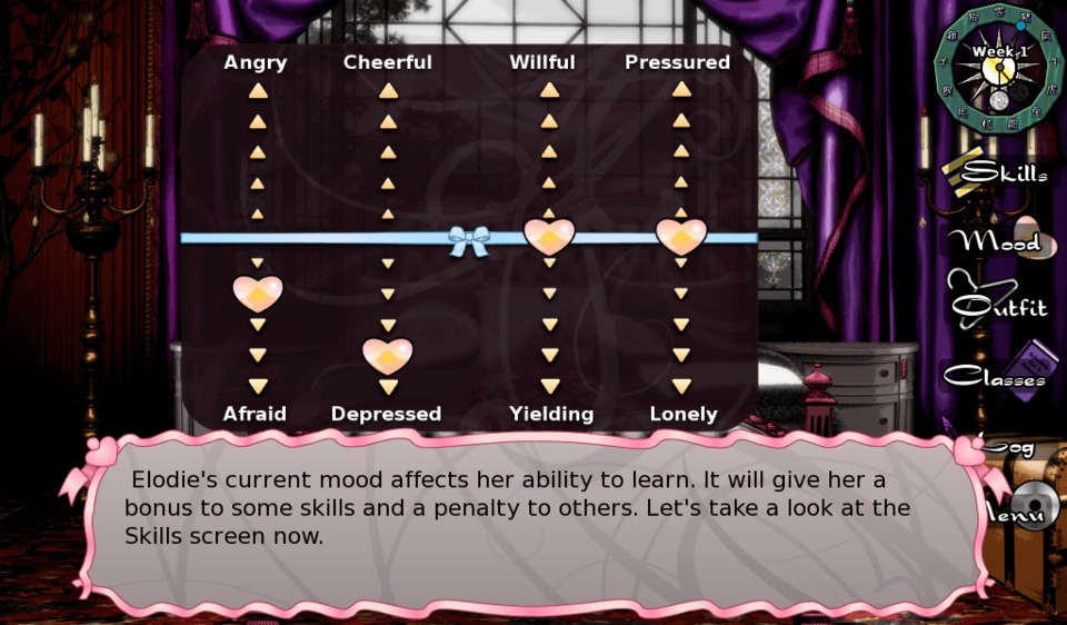 To summarize these tutorials: Elodie has eight moods, though they're paired off into opposing statuses. Elodie's mood affects her ability to learn new skills, so they're important to regulate.
