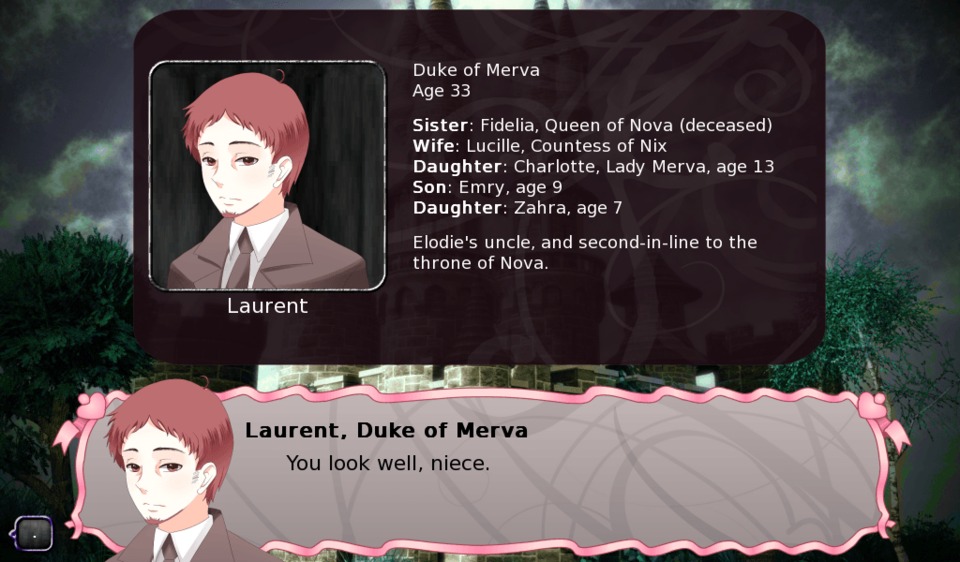 The Duke of Merva also happens to be next in line. If there's any nobles thinking of assassinating Elodie, it'll be to help this guy out. Possibly. No guarantee he and his kids won't get bumped off immediately afterwards. Being royalty is fun.