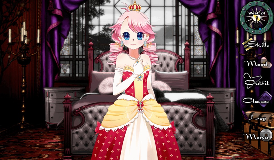 This is more like it. This regal get-up boosts my Royal Demeanor skillset, which appears to be the most important given how often it comes up in skill checks. I also look like a damn Queen, finally.