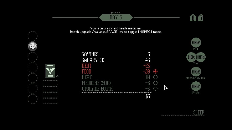The game offers me an upgrade here, allowing me to choose to make the inspection mode faster (which will net me more cash in the long run by expediting that process slightly) or let my dumb kid die. I shouldn't have let my wife drink so much turnip vodka while she was pregnant.