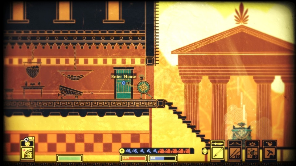 The game looks great, with its stark bronze and black coloring, and it helps to distinguish what are foreground details that can be interacted with and which are background only. Anything else important is highlighted in cyan, like this door and that teleporter. You'll want to scan the walls for cracks, since the lack of color variety will make hidden areas trickier to spot.