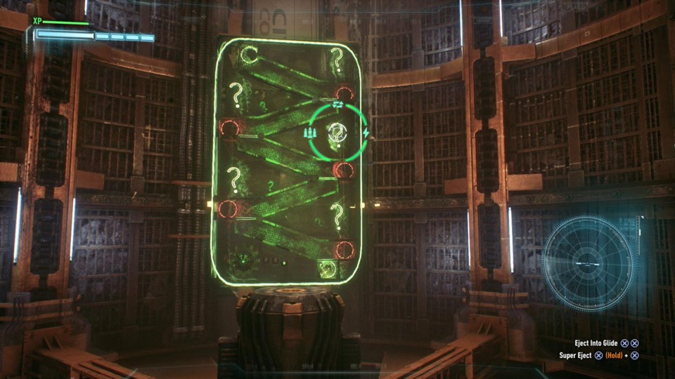 A typical Riddler puzzle, made slightly more awkward by how I'm in the Batmobile positioned vertically up a wall. I sort of wonder how he built half of this shit without anyone noticing.