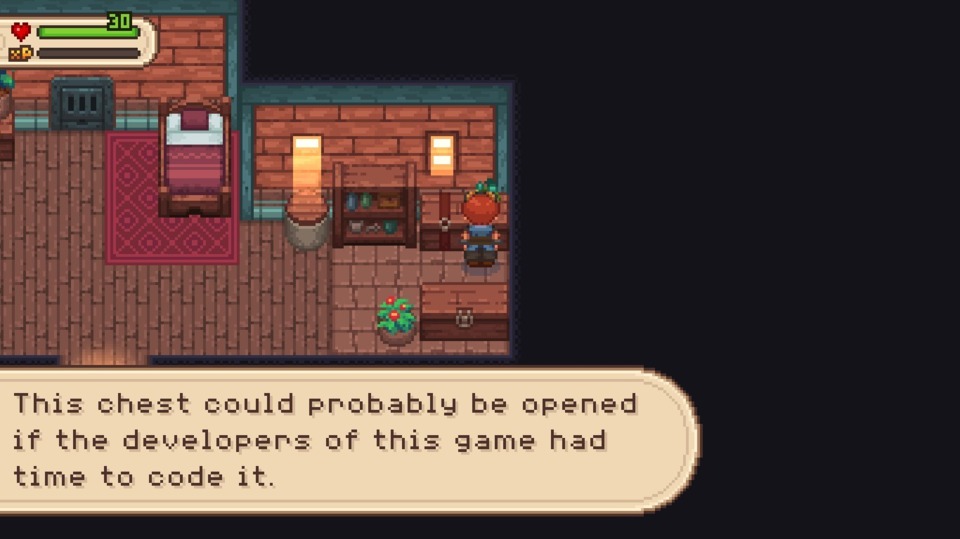 The first Evoland had a lot of jokes like this. Evoland 2 eases off the meta commentary, but it still pops up in spots.