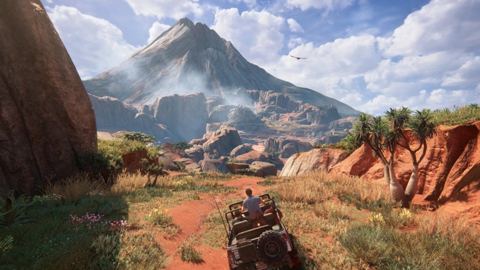 This game looks spectacular. Credit where credit's due. Not that they're particularly modest about it: you'll often have the camera dramatically pull out like this for the impressive vistas.