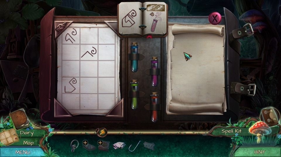 The spellbook interface. Like many puzzles in the game, it looks challenging until you see how it's implemented. In this case, you are automatically given all the relevant rune pieces to use when a new spell is needed, and you simply sprinkle the right colored test tube to complete it. I.e. no hours of switching out symbols until you get the right composite.
