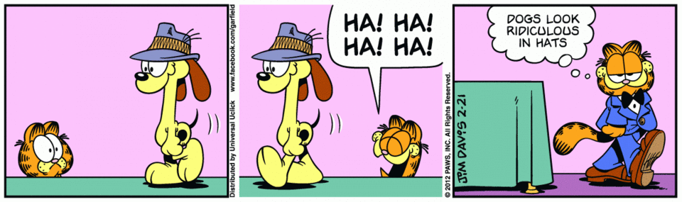 Oh no, Odie was an incel this whole time. (Also, it was not easy finding a picture of Garfield in a blue suit.)