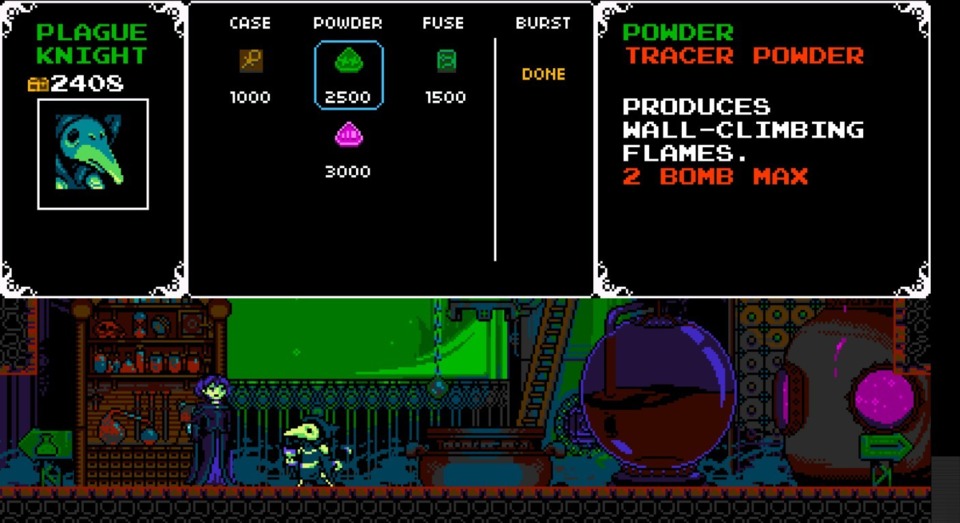Plague Knight's main weapon are his bombs, which have a huge amount of customization potential, from the length of the timer to the explosive effect. All the same, I mostly stuck to the default; every alternative seemed to have a downside to go with its benefit.