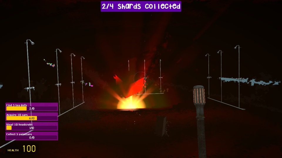 Each stage now has a spinning red cube in addition to the shards, and it produces a different - and far more ominous - sound that gets louder as you get closer to it. Activating the cube pretty much destroys every brush and prop in the level, so after this experience I've learned to only hit it once I'm ready to leave.