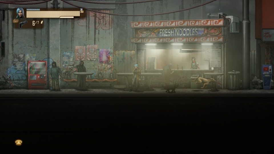 Wouldn't be a cyberpunk universe without a grimy noodles stand. And, um, random dogs. 