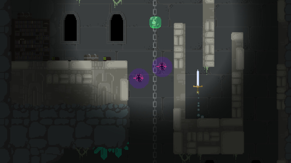 Meanwhile, here's the opposite situation. The slime is on an automated path as it drips down the chain, and you've got to keep pace with it. Can't follow it down directly because of those purple jerks (they'll automatically de-enchant the sword).