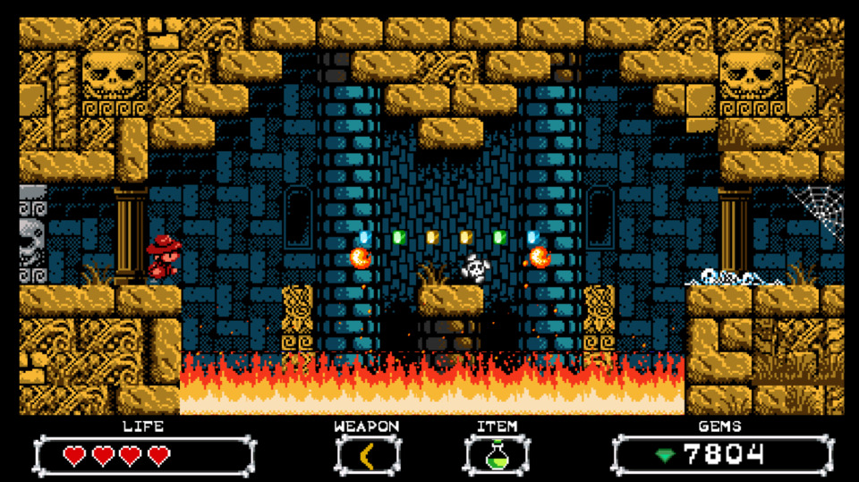Just five traps one after the other in the first screen of this level. NBD. (Only the fire is instant death, at least.)