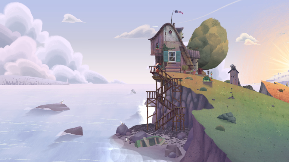 I wish I got to spend more time in the Old Man's clifftop home, where the game begins. You can at least click around the scene for some minor interactions. Curious about the satellite dish on the outhouse.