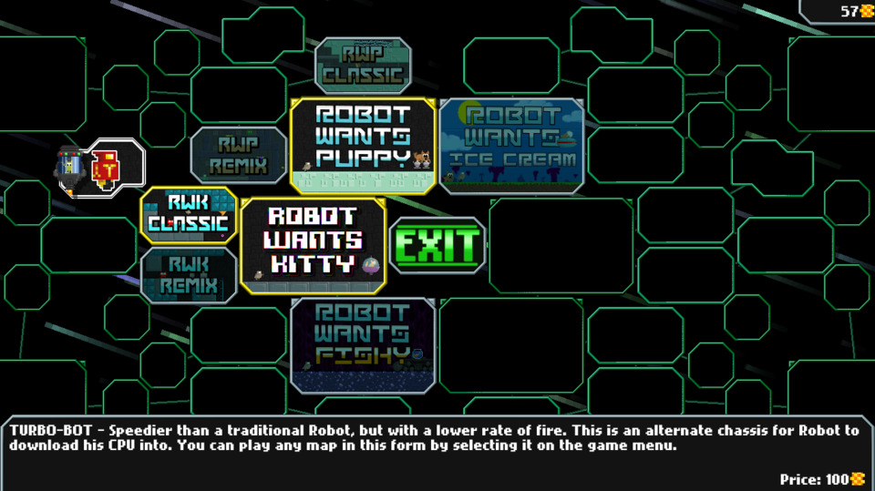 The store screen. As you can see, there's a lot available and most of it is initially hidden. The six core games around the center are the Easy versions; the Classic and Remix versions become available to buy afterwards. I'm not sure what those larger icons are in the corners, but the smaller octagons are mutators.