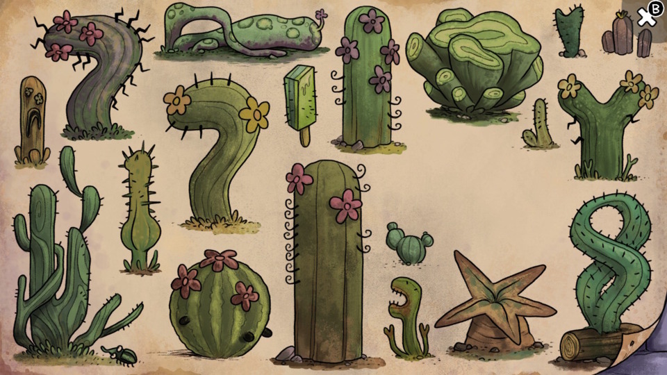 Let me take another swing at explaining this one. The missing cactus is one so rare the NPC doesn't have an image of it, but he tells you it has similarities to, say, those curved ones but not the straight ones. From that, you can gather its shape. Also, I didn't realize until this moment just how phallic this particular puzzle was. What's with that bulbous fellow on the left?
