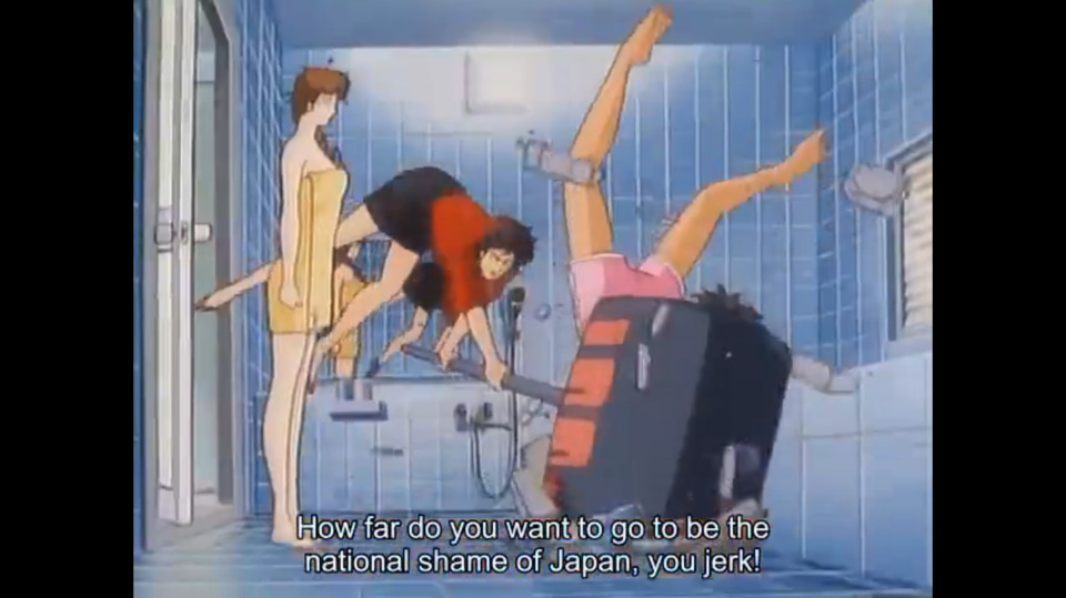 And a decidedly less cool Ryo Saeba in his natural state, pounded through the floor by a comically oversized hammer after sneaking into the bathroom ahead of Nina (far left). I realize Amy Rose ran this whole goof into the ground, as it were, but folks were still eating this up in 1989.