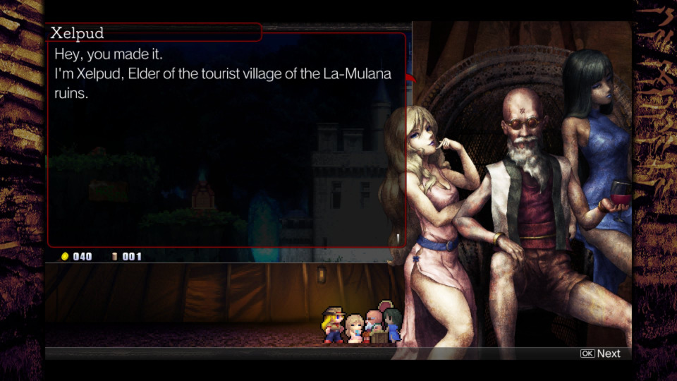 I recall Xelpud from the first game, since he showed up a lot in those early hours. The floozies are new though. I guess turning La-Mulana into a tourist trap is doing well for him.