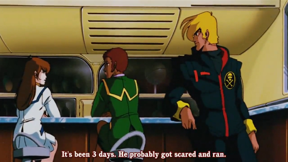 The rest of our cast: Misa Hayase on the left, Claudia LaSalle in the middle, and Roy Focker on the right. They're talking about Hikaru possibly deserting out of cowardice, which probably tells you plenty about his reputation.