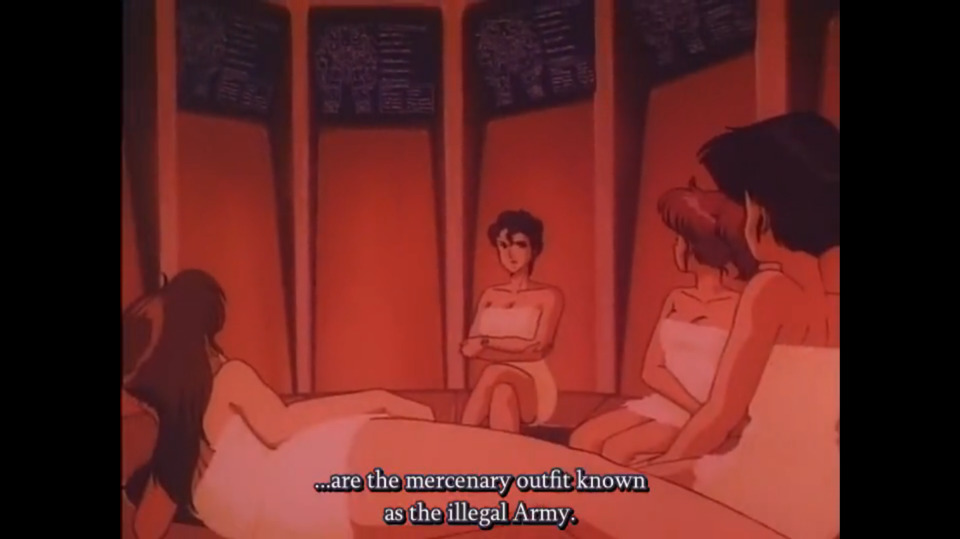 Yeah, I wasn't kidding about this show's issue with the male gaze. Unless, of course, there's something about saunas that makes them perfect for dropping exposition. At least this sauna comes equipped with monitors, which I'm sure won't make sense if I think about it too much. 