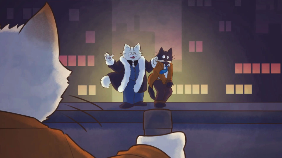 The art for these cutscenes, while not exceptional, does a much better job than the pixels in giving the setting a distinct noirish look, especially when it comes to distinguishing its feline cast. I can appreciate that pixels evoke that 'classic adventure gaming' feel, however.