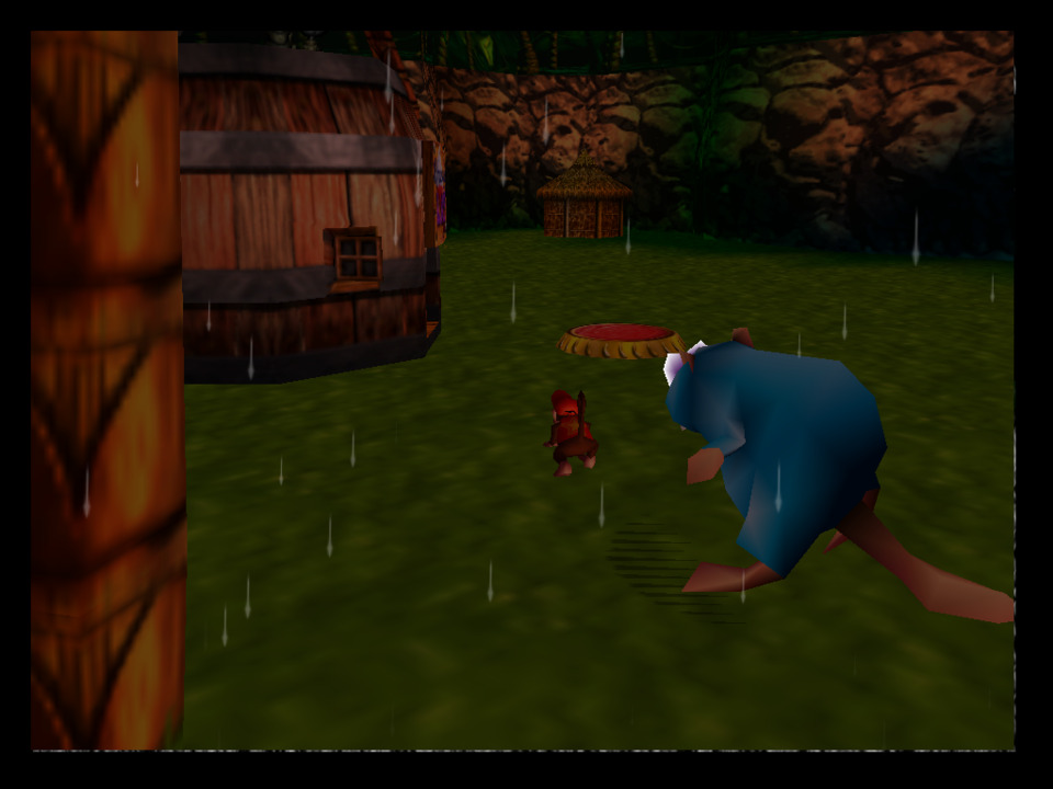 A side-view of Cranky's Lab, one of the numbered teleport pads (my N64's old so it didn't load in the number texture), and a beaver's whole ass. The rain effect here is kinda neat though, if a pointless embellishment.
