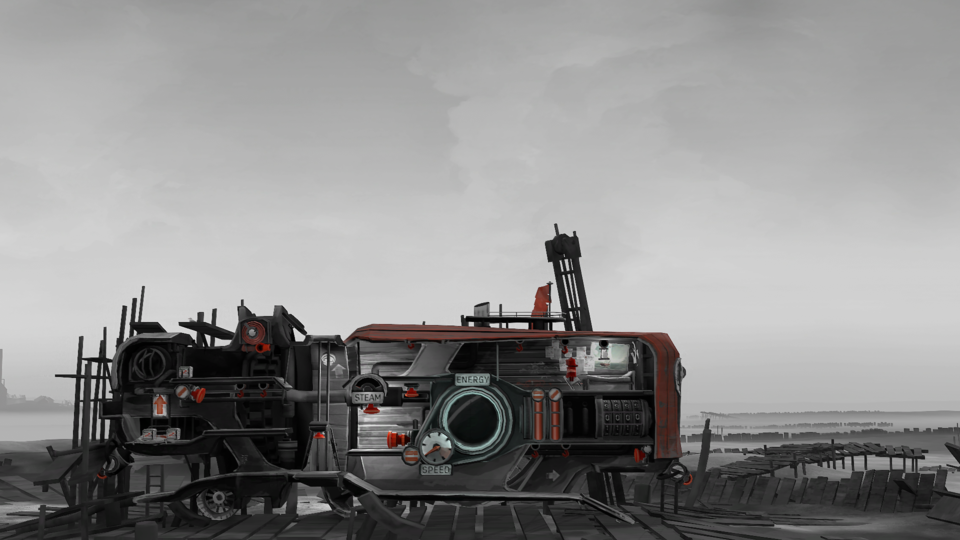 The game makes great use of color, with most objects you can manipulate having a deep red hue. Definitely helps them stand out against this monochrome landscape and gray machinery. Why can't apocalypses be more vibrant? Oh, right, because of all the death.