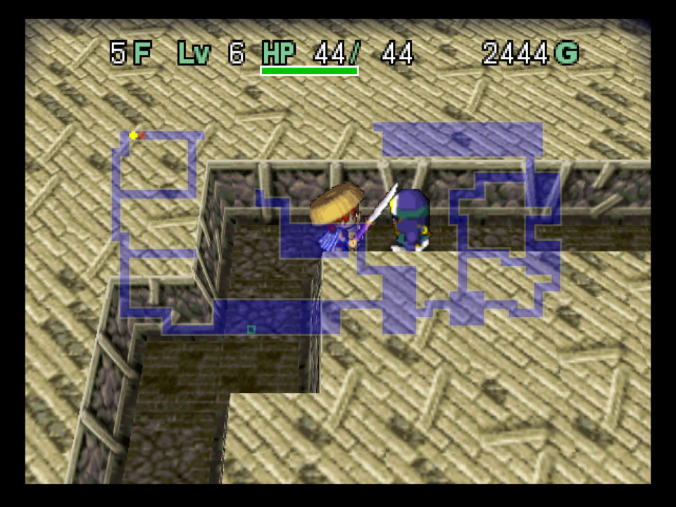 Harassed by a cute little ninja as my OCD compels me to fill in the rest of this floor map. Too bad for him I managed to find a sword somewhere.