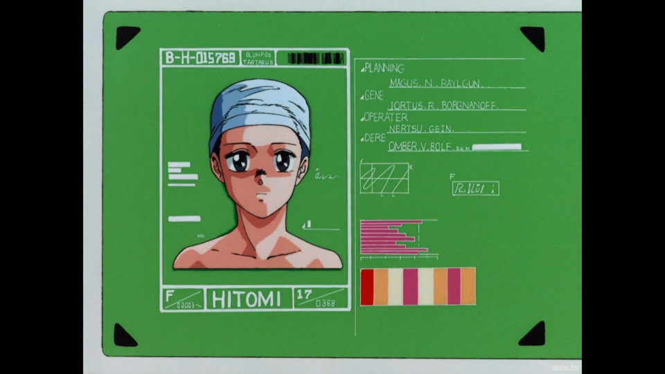 Time for my favorite part of any anime set in an anglophone future city: liberties taken with the English language! Some real great Bobson Dugnutt-level names here in Hitomi's bioroid data. Magus Raylgun? Nertsu Gein? Omber V. Bolf??? If I knew I guy called Omber V. Bolf I'd be pretty dere towards him too.