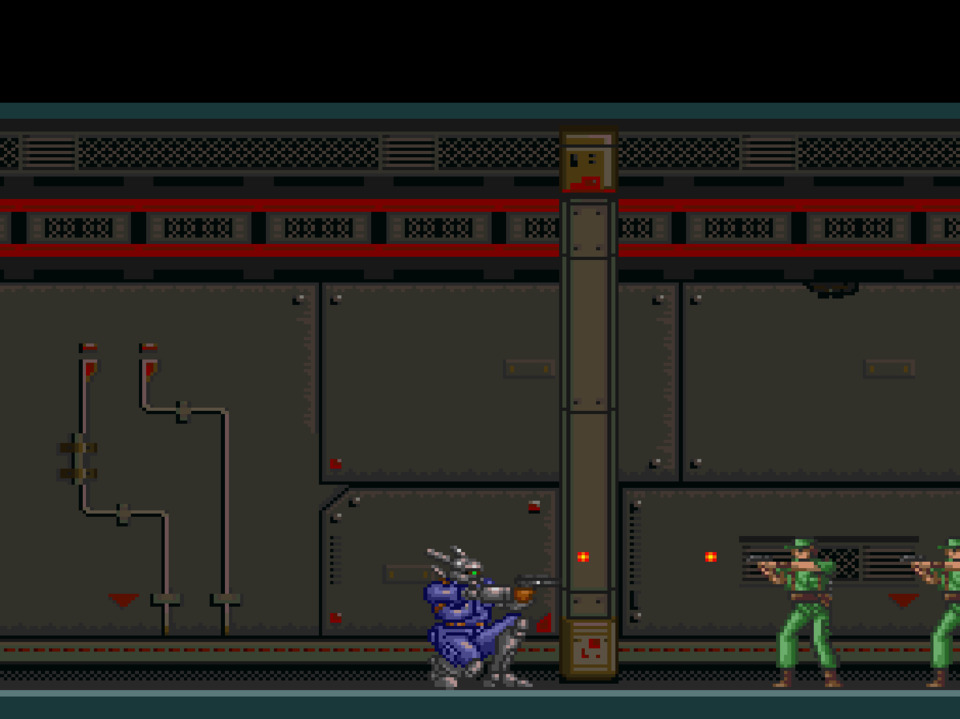 The dude's so big that the enemy bullet sprites don't always pass over his head when ducking. Fortunately, they don't hit.